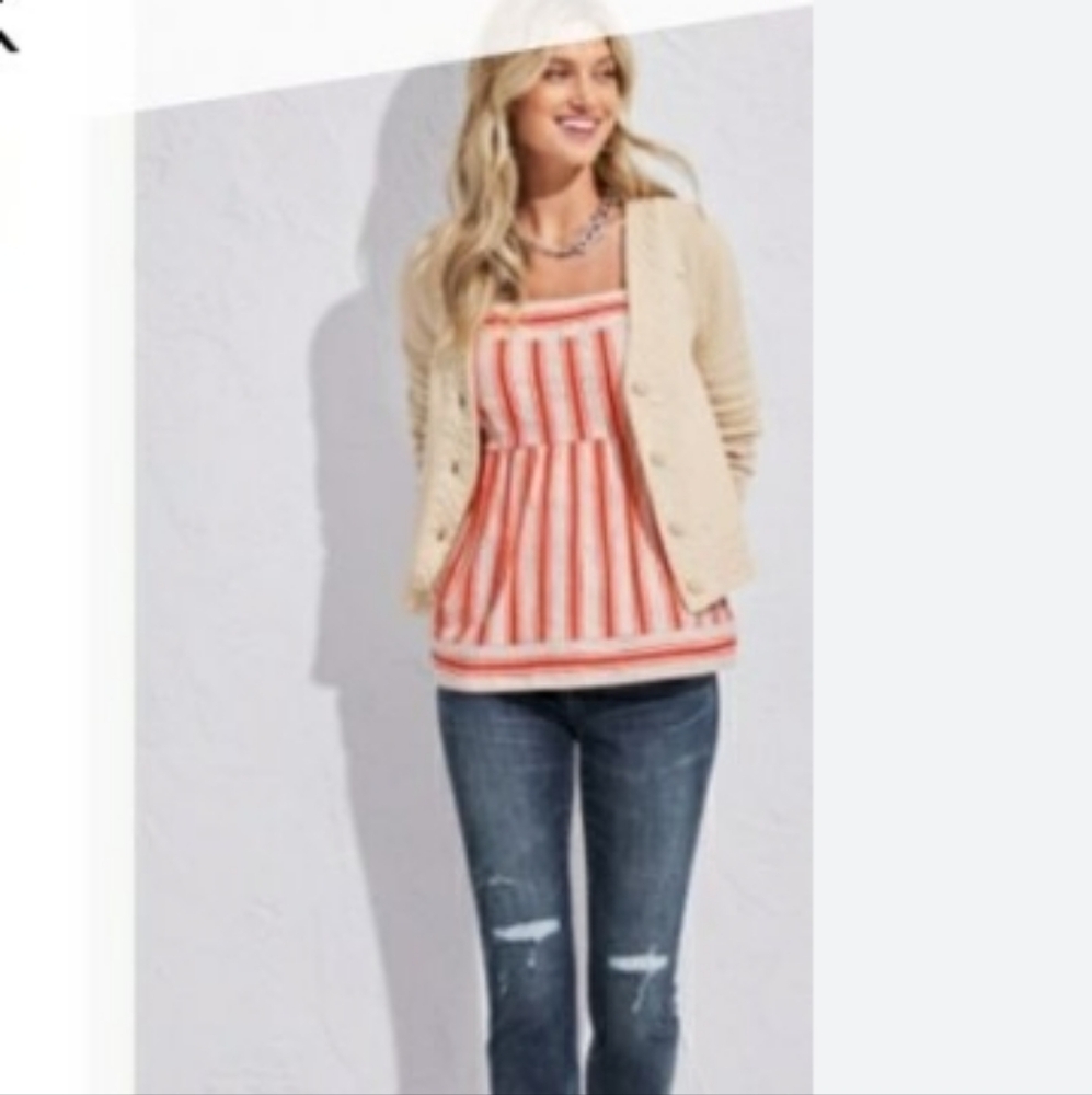 Cabi Brunch Tank Top Sleeveless Cotton Linen Cream Orange Stripe Womens Size S - Picture 2 of 13